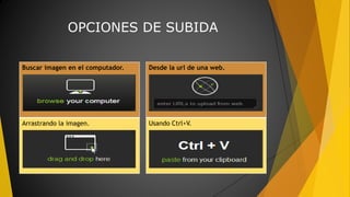 OPCIONES DE SUBIDA
Buscar imagen en el computador.
Arrastrando la imagen.
Desde la url de una web.
Usando Ctrl+V.
 
