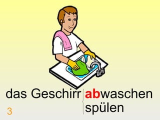 das Geschirr abwaschen
3            spülen
 