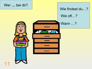 Wer … bei dir?
                 Wie findest du…?
                 Wie oft…?

                 Wann …?




11
 