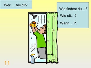 Wer … bei dir?
                 Wie findest du…?
                 Wie oft…?

                 Wann …?




11
 