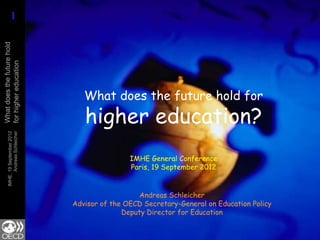 1
       1
What does the future hold
for higher education




                                   What does the future hold for
                                   higher education?
           Andreas Schleicher
     IMHE, 19 September 2012




                                                IMHE General Conference
                                                Paris, 19 September 2012


                                                   Andreas Schleicher
                                Advisor of the OECD Secretary-General on Education Policy
                                              Deputy Director for Education
 