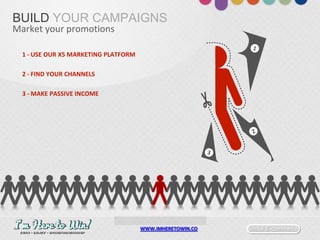 Social E-commerceWWW.IMHERETOWIN.CO
BUILD YOUR CAMPAIGNS
Market your promotions
1 - USE OUR X5 MARKETING PLATFORM
2 - FIND YOUR CHANNELS
3 - MAKE PASSIVE INCOME
 