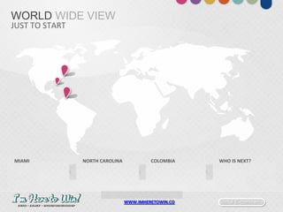 Social E-commerceWWW.IMHERETOWIN.CO
WORLD WIDE VIEW
JUST TO START
MIAMI NORTH CAROLINA COLOMBIA WHO IS NEXT?
 