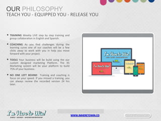 Social E-commerceWWW.IMHERETOWIN.CO
OUR PHILOSOPHY
• TRAINING Weekly LIVE step by step training and
group collaboration in English and Spanish.
• COACHING As you find challenges during the
learning curve one of our coaches will be a few
clicks away to work with you in help you move
forward with your project.
• TOOLS Your business will be build using the our
custom designed marketing Platform. The X5
Marketing system will be your platform to build
75% of your business.
• NO ONE LEFT BEHIND Training and coaching is
focus on your speed. If you missed a training, you
can always review the recorded version 24 hrs
later.
TEACH YOU - EQUIPPED YOU - RELEASE YOU
 