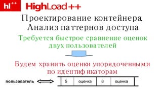 Проектирование контейнера. Анализ паттернов доступа Требуется быстрое сравнение оценок двух пользователей Будем хранить оценки упорядоченными по идентификаторам 5 оценка 8 оценка пользователь 