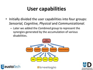 User capabilitiesInitially divided the user capabilities into four groups: Sensorial, Cognitive, Physical and Communicational.Later we added the Combined group to represent the synergies generated by the accumulation of various disabilities.