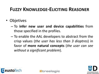 Fuzzy Knowledge-Eliciting ReasonerObjetivesTo infer new user and device capabilities from those specified in the profiles.To enable the AAL developers to abstract from the crisp values (the user has less than 3 dioptres) in favor of more natural concepts (the user can see without a significant problem).