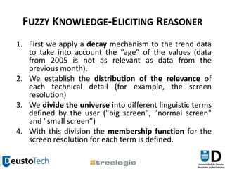 Fuzzy Knowledge-Eliciting ReasonerFirst we apply a decay mechanism to the trend data to take into account the “age” of the values (data from 2005 is not as relevant as data from the previous month).We establish the distribution of the relevance of each technical detail (for example, the screen resolution)We divide the universe into different linguistic terms defined by the user ("big screen", "normal screen" and "small screen”)With this division the membership function for the screen resolution for each term is defined.