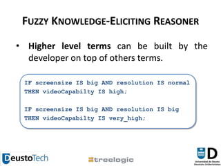 Fuzzy Knowledge-Eliciting ReasonerHigher level terms can be built by the developer on top of others terms.IF screensize IS big AND resolution IS normal    THEN videoCapabilty IS high;    IF screensize IS big AND resolution IS big    THEN videoCapabilty IS very_high;
