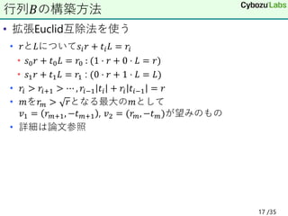 • 拡張Euclid互除法を使う
• 𝑟と𝐿について𝑠𝑖𝑟 + 𝑡𝑖𝐿 = 𝑟𝑖
• 𝑠0𝑟 + 𝑡0𝐿 = 𝑟0 : (1 ⋅ 𝑟 + 0 ⋅ 𝐿 = 𝑟)
• 𝑠1𝑟 + 𝑡1𝐿 = 𝑟1 : (0 ⋅ 𝑟 + 1 ⋅ 𝐿 = 𝐿)
• 𝑟𝑖 > 𝑟𝑖+1 > ⋯ , 𝑟𝑖−1 𝑡𝑖 + 𝑟𝑖 𝑡𝑖−1 = 𝑟
• 𝑚を𝑟𝑚 > 𝑟となる最大の𝑚として
𝑣1 = 𝑟𝑚+1, −𝑡𝑚+1 , 𝑣2 = (𝑟𝑚, −𝑡𝑚)が望みのもの
• 詳細は論文参照
行列𝐵の構築方法
17 /35
 