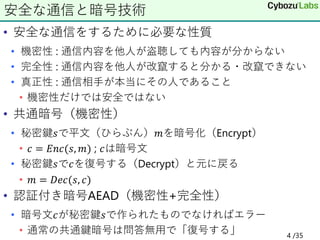 • 安全な通信をするために必要な性質
• 機密性 : 通信内容を他人が盗聴しても内容が分からない
• 完全性 : 通信内容を他人が改竄すると分かる・改竄できない
• 真正性 : 通信相手が本当にその人であること
• 機密性だけでは安全ではない
• 共通暗号（機密性）
• 秘密鍵𝑠で平文（ひらぶん）𝑚を暗号化（Encrypt）
• 𝑐 = 𝐸𝑛𝑐(𝑠, 𝑚) ; 𝑐は暗号文
• 秘密鍵𝑠で𝑐を復号する（Decrypt）と元に戻る
• 𝑚 = 𝐷𝑒𝑐(𝑠, 𝑐)
• 認証付き暗号AEAD（機密性+完全性）
• 暗号文𝑐が秘密鍵𝑠で作られたものでなければエラー
• 通常の共通鍵暗号は問答無用で「復号する」
安全な通信と暗号技術
4 /35
 