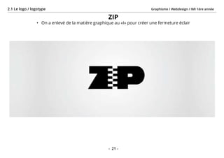 Graphisme / Webdesign / IMI 1ère année2.1 Le logo / logotype
- 21 -
ZIP
•	 On a enlevé de la matière graphique au «I» pour créer une fermeture éclair
 
