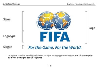 Graphisme / Webdesign / IMI 1ère année2.1 Le logo / logotype
- 4 -
Slogan
Logotype
Signe
Logo
•	 Un logo ne possède pas obligatoirement un signe, un logotype et un slogan, MAIS il se compose
au moins d’un signe et d’un logotype
 
