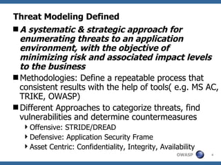 Threat Modeling Defined A systematic & strategic approach for enumerating threats to an application environment, with the objective of minimizing risk and associated impact levels to the business Methodologies: Define a repeatable process that consistent results with the help of tools( e.g. MS AC, TRIKE, OWASP) Different Approaches to categorize threats, find vulnerabilities and determine countermeasures Offensive: STRIDE/DREAD Defensive: Application Security Frame Asset Centric: Confidentiality, Integrity, Availability 