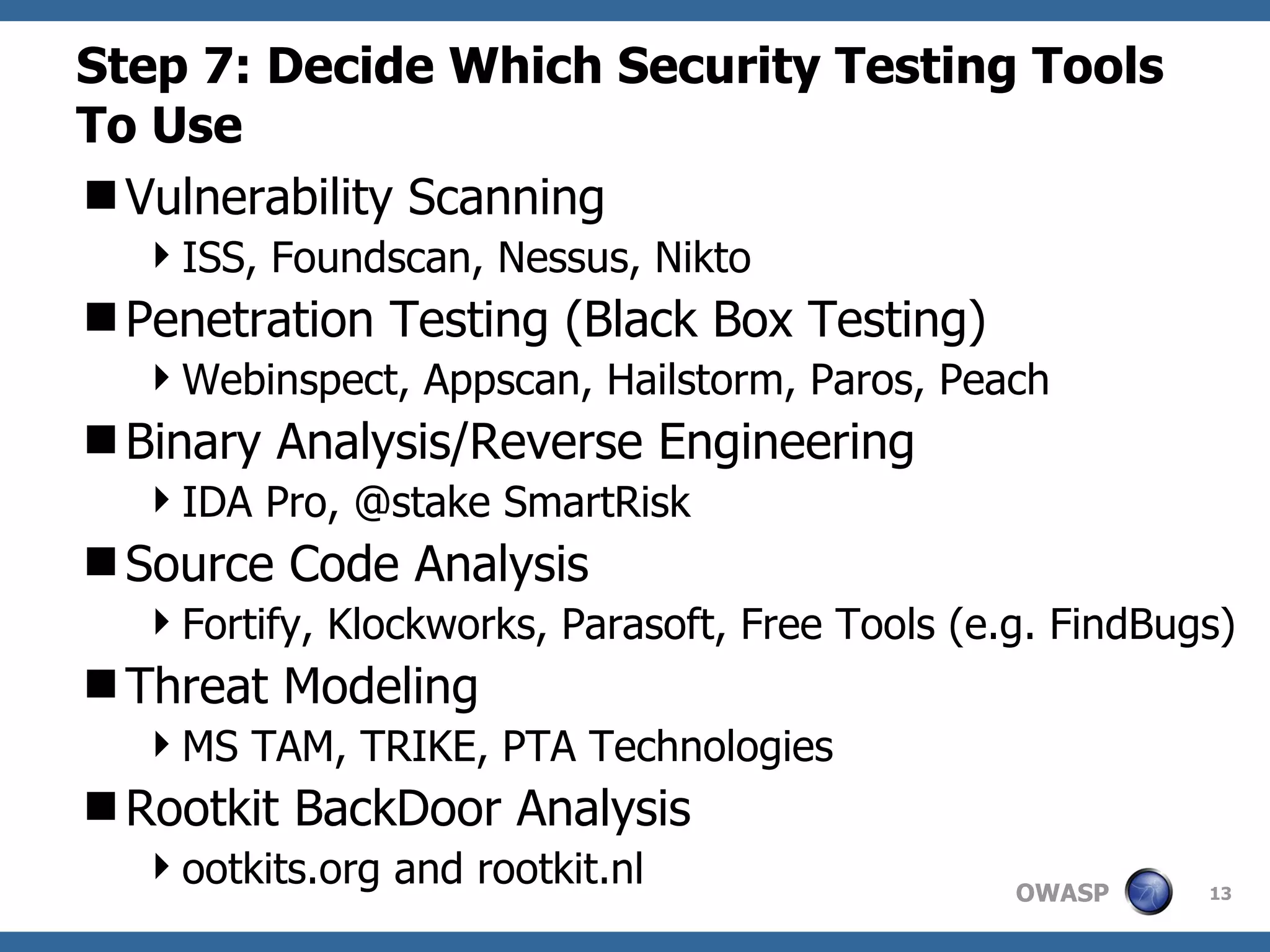 Step 7: Decide Which Security Testing Tools To Use Vulnerability Scanning ISS, Foundscan, Nessus, Nikto Penetration Testing (Black Box Testing) Webinspect, Appscan, Hailstorm, Paros, Peach Binary Analysis/Reverse Engineering IDA Pro, @stake SmartRisk Source Code Analysis Fortify, Klockworks, Parasoft, Free Tools (e.g. FindBugs) Threat Modeling MS TAM, TRIKE, PTA Technologies Rootkit BackDoor Analysis ootkits.org and rootkit.nl 