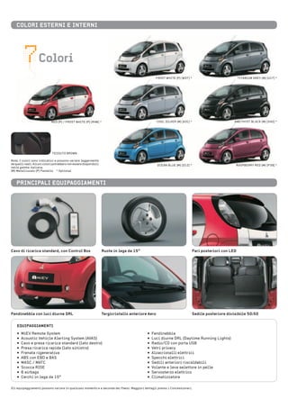 ColoursColori
FROST WHITE (P) [W37] *
COOL SILVER (M) [A31] *
OCEAN BLUE (M) [D12] *
TITANIUM GREY (M) [U17] *
AMETHYST BLACK (M) [X42] *
RASPBERRY RED (M) [P39] *
TESSUTO BROWN
RED (P) / FROST WHITE (P) [R4W] *
Note: I colori sono indicativi e possono variare leggermente
da quelli reali. Alcuni colori potrebbero non essere disponibili
nella gamma italiana.
(M) Metallizzato (P) Pastello * Optional
PrinCiPali eQuiPaGGiaMenti
fari posteriori con leDruote in lega da 15”
tergicristallo anteriore aero sedile posteriore divisibile 50:50fendinebbia con luci diurne Drl
Cavo di ricarica standard, con Control Box
• MiEV Remote System
• Acoustic Vehicle Alerting System (AVAS)
• Cavo e presa ricarica standard (lato destro)
• Presa ricarica rapida (lato sinistro)
• Frenata rigenerativa
• ABS con EBD e BAS
• MASC / MATC
• Scocca RISE
• 6 airbags
• Cerchi in lega da 15”
• Fendinebbia
• Luci diurne DRL (Daytime Running Lights)
• Radio/CD con porta USB
• Vetri privacy
• Alzacristalli elettrici
• Specchi elettrici
• Sedili anteriori riscaldabili
• Volante e leva selettore in pelle
• Servosterzo elettrico
• Climatizzatore
eQuiPaGGiaMenti
Gli equipaggiamenti possono variare in qualsiasi momento e a seconda dei Paesi. Maggiori dettagli presso i Concessionari.
Colori esterni e interni
 