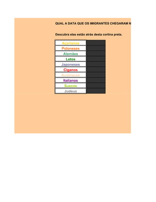 QUAL A DATA QUE OS IMIGRANTES CHEGARAM NO RIO GRANDE D


Descubra elas estão atrás desta cortina preta.

    Açorianos              1
    Poloneses
     Alemães
       Letos
    Japoneses
     Ciganos
    Austríacos
     Italianos
      Suecos
      Judeus
 