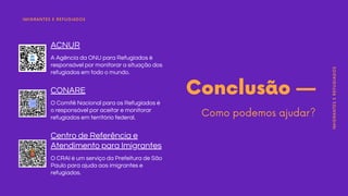 ACNUR
A Agência da ONU para Refugiados é
responsável por monitorar a situação dos
refugiados em todo o mundo.
CONARE
O Comitê Nacional para os Refugiados é
o responsável por aceitar e monitorar
refugiados em território federal.
Centro de Referência e
Atendimento para Imigrantes
O CRAI é um serviço da Prefeitura de São
Paulo para ajuda aos imigrantes e
refugiados.
IMIGRANTES
E
REFUGIADOS
IMIGRANTES E REFUGIADOS
Conclusão —
Como podemos ajudar?
 