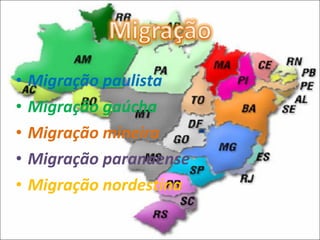 Migração paulista Migração gaúcha Migração mineira Migração paranaense Migração nordestina