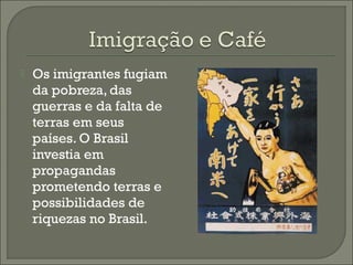  Os imigrantes fugiam
da pobreza, das
guerras e da falta de
terras em seus
países. O Brasil
investia em
propagandas
prometendo terras e
possibilidades de
riquezas no Brasil.
 