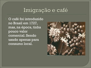  O café foi introduzido
no Brasil em 1727,
mas, na época, tinha
pouco valor
comercial. Sendo
usado apenas para
consumo local.
 