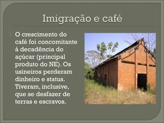  O crescimento do
café foi concomitante
á decadência do
açúcar (principal
produto do NE). Os
usineiros perderam
dinheiro e status.
Tiveram, inclusive,
que se desfazer de
terras e escravos.
 