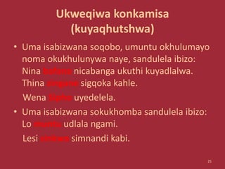 Ukweqiwa konkamisa
(kuyaqhutshwa)
• Uma isabizwana soqobo, umuntu okhulumayo
noma okukhulunywa naye, sandulela ibizo:
Nina bafana nicabanga ukuthi kuyadlalwa.
Thina zingane sigqoka kahle.
Wena Sipho uyedelela.
• Uma isabizwana sokukhomba sandulela ibizo:
Lo muntu udlala ngami.
Lesi sinkwa simnandi kabi.
25
 