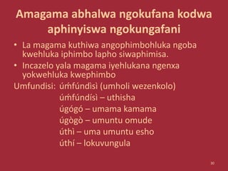 Amagama abhalwa ngokufana kodwa
aphinyiswa ngokungafani
• La magama kuthiwa angophimbohluka ngoba
kwehluka iphimbo lapho siwaphimisa.
• Incazelo yala magama iyehlukana ngenxa
yokwehluka kwephimbo
Umfundisi: úḿfúndìsì (umholi wezenkolo)
úḿfúndísì – uthisha
úgógó – umama kamama
úgògò – umuntu omude
úthì – uma umuntu esho
úthí – lokuvungula
30
 
