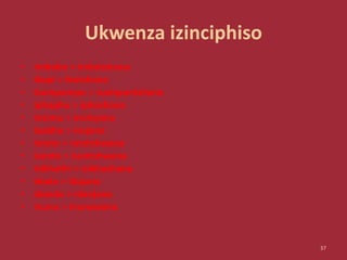 Ukwenza izinciphiso
• imbobo > imbotshana
• ikopi > ikotshana
• Isampompo > isampontshana
• iphaphu > iphashana
• insimu > insinyana
• Isobho > isojana
• imoto > imotshwana
• isonto > isontshwana
• isikhathi > isikhashana
• idada > idajana
• idanda > idanjana
• inunu > inunywana
37
 