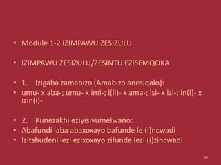 • Module 1-2 IZIMPAWU ZESIZULU
• IZIMPAWU ZESIZULU/ZESINTU EZISEMQOKA
• 1. Izigaba zamabizo (Amabizo anesiqalo):
• umu- x aba-; umu- x imi-; i(li)- x ama-; isi- x izi-; in(i)- x
izin(i)-
• 2. Kunezakhi eziyisivumelwano:
• Abafundi laba abaxoxayo bafunde le (i)ncwadi
• Izitshudeni lezi ezixoxayo zifunde lezi (i)zincwadi
39
 