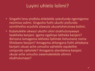 Luyini uhlelo lolimi?
• Singathi lena yindlela ehlelekile yokufunda ngemigomo
nezimiso zolimi. Singasho futhi ukuthi yisifundo
semithetho ecashile elawula ukusetshenziswa kolimi.
• Kubalulekle ukwazi ukuthi ulimi olukhulunywayo
lwakheka kanjani. Igama ngalinye lakheka kanjani?
Ibinzana lamagama lakheka liphinde lixhumane noma
lihlobane kanjani? Amagama ahlangana futhi ahlobana
kanjani ukuze ache umusho ophelele oqukethe
umqondo ophelele? Amagama alandelana kanjani
ukuze ache umusho owamukelekile olimini
olukhulumayo?
43
 