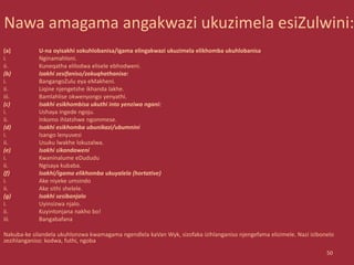 Nawa amagama angakwazi ukuzimela esiZulwini:
(a) U-na oyisakhi sokuhlobanisa/igama elingakwazi ukuzimela elikhomba ukuhlobanisa
i. Nginamahloni.
ii. Kuneqatha elilodwa elisele ebhodweni.
(b) Izakhi zesifaniso/zokuqhathanisa:
i. BangangoZulu eya eMakheni.
ii. Liqine njengetshe ikhanda lakhe.
iii. Bamlahlise okwenyongo yenyathi.
(c) Isakhi esikhombisa ukuthi into yenziwa ngani:
i. Ushaya ingede ngoju.
ii. Inkomo ihlatshwe ngommese.
(d) Isakhi esikhomba ubunikazi/ubumnini
i. Isango lenyuvesi
ii. Usuku lwakhe lokuzalwa.
(e) Isakhi sikandaweni
i. Kwaninalume eDududu
ii. Ngisaya kubaba.
(f) Isakhi/igama elikhomba ukuyalela (hortative)
i. Ake niyeke umsindo
ii. Ake sithi shelele.
(g) Isakhi sesibanjalo
i. Uyinsizwa njalo.
ii. Kuyintonjana nakho bo!
iii. Bangabafana
Nakuba-ke silandela ukuhlonzwa kwamagama ngendlela kaVan Wyk, sizofaka izihlanganiso njengefama elizimele. Nazi izibonelo
zezihlanganiso: kodwa, futhi, ngoba
50
 
