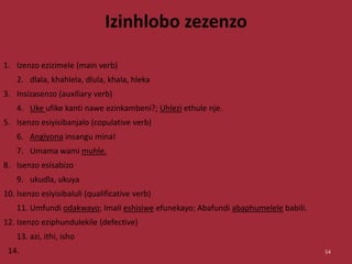 Izinhlobo zezenzo
1. Izenzo ezizimele (main verb)
2. dlala, khahlela, dlula, khala, hleka
3. Insizasenzo (auxiliary verb)
4. Uke ufike kanti nawe ezinkambeni?; Uhlezi ethule nje.
5. Isenzo esiyisibanjalo (copulative verb)
6. Angiyona insangu mina!
7. Umama wami muhle.
8. Isenzo esisabizo
9. ukudla, ukuya
10. Isenzo esiyisibaluli (qualificative verb)
11. Umfundi odakwayo; Imali eshisiwe efunekayo; Abafundi abaphumelele babili.
12. Izenzo eziphundulekile (defective)
13. azi, ithi, isho
14. 54
 