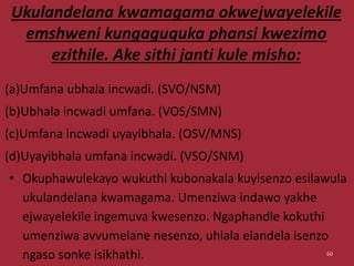 Ukulandelana kwamagama okwejwayelekile
emshweni kungaguquka phansi kwezimo
ezithile. Ake sithi janti kule misho:
(a)Umfana ubhala incwadi. (SVO/NSM)
(b)Ubhala incwadi umfana. (VOS/SMN)
(c)Umfana incwadi uyayibhala. (OSV/MNS)
(d)Uyayibhala umfana incwadi. (VSO/SNM)
• Okuphawulekayo wukuthi kubonakala kuyisenzo esilawula
ukulandelana kwamagama. Umenziwa indawo yakhe
ejwayelekile ingemuva kwesenzo. Ngaphandle kokuthi
umenziwa avvumelane nesenzo, uhlala elandela isenzo
ngaso sonke isikhathi. 60
 