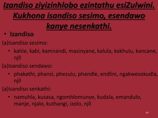 Izandiso ziyizinhlobo ezintathu esiZulwini.
Kukhona isandiso sesimo, esendawo
kanye nesenkathi.
• Izandiso
(a)Isandiso sesimo:
• kahle, kabi, kamnandi, masinyane, kalula, kakhulu, kancane,
njll
(a)Isandiso sendawo:
• phakathi, phansi, phezulu, phandle, endlini, ngakwesokudla,
njll
(a)Isandiso senkathi:
• namuhla, kusasa, ngomhlomunye, kudala, emandulo,
manje, njalo, kuthangi, izolo, njll
64
 