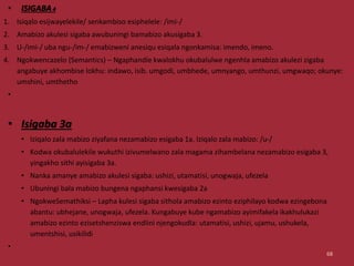 • ISIGABA4
1. Isiqalo esijwayelekile/ senkambiso esiphelele: /imi-/
2. Amabizo akulesi sigaba awubuningi bamabizo akusigaba 3.
3. U-/imi-/ uba ngu-/im-/ emabizweni anesiqu esiqala ngonkamisa: imendo, imeno.
4. Ngokwencazelo (Semantics) – Ngaphandle kwalokhu okubalulwe ngenhla amabizo akulezi zigaba
angabuye akhombise lokhu: indawo, isib. umgodi, umbhede, umnyango, umthunzi, umgwaqo; okunye:
umshini, umthetho
•
• Isigaba 3a
• Iziqalo zala mabizo ziyafana nezamabizo esigaba 1a. Iziqalo zala mabizo: /u-/
• Kodwa okubalulekile wukuthi izivumelwano zala magama zihambelana nezamabizo esigaba 3,
yingakho sithi ayisigaba 3a.
• Nanka amanye amabizo akulesi sigaba: ushizi, utamatisi, unogwaja, ufezela
• Ubuningi bala mabizo bungena ngaphansi kwesigaba 2a
• NgokweSemathiksi – Lapha kulesi sigaba sithola amabizo ezinto eziphilayo kodwa ezingebona
abantu: ubhejane, unogwaja, ufezela. Kungabuye kube ngamabizo ayimifakela ikakhulukazi
amabizo ezinto ezisetshenziswa endlini njengokudla: utamatisi, ushizi, ujamu, ushukela,
umentshisi, usikilidi
•
68
 