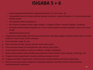 ISIGABA 5 + 6
• Isiqalo esijwayelekile/senkambiso esigcwele/esiphelele: /ili-/ (5) no-/ama-. (6)
• Akujwayelekile ukuthi lesi siqalo sisebenze sigcwele emabizweni. Isiqalo esifinyeziwe u-/i-/ yisona esisebenzayo
isikhathi esiningi.
• Ubuningi bala mabizo busesigabeni 6
• Nazi izibonelo zamagama akulesi sigaba: i(li)gama > amagama; i(li)zwe > amazwe; i(li)khaya > amakhaya.
• Kunamabizo athile ambalwa angasebenzisi u-/ama-/ kodwa asebenzinsa isiqalo esehlukile u-/ame-/ isib. ameva,
amehlo
• Ngokwencazelo (Semantics):
i. Iningi lamabizo akulezi zigaba akhomba izinto eziwuketshezi. Ake sibheke isigaba sesithupha esinala mabizo: amazolo,
amafutha, amanzi, amasi, amathe, amahewu.
ii. Izinto eziyimvelo: ilanga, ifu, izulu
iii. Izitho zomzimba: ikhanda, ithambo, ihlombe, ikhala, idolo, iqupha
iv. Izinto ezisetshenziswayo uma kusetshenzwa: ipiki, ifosholo, igeja, ihhala
v. Izizwe ezahlukene: amaBhunu, amaZulu, amaXhosa, amaNgisi, amaNdebele
vi. Abantu abaseminyakeni ethile yobudala kanye nabanezici ezithile: ikhehla, ixhegu, ibhungu, amabhungu, ivila
vii. Amagama ezinto ezingabonakali: amandla, amakhaza, amanga, amahloni
viii. Amagama ayimifakela: itiye/amatiye, itafula/amatafula, ibhola/amabhola, ibhulukwe/amabhulukwe.
ix. Akhona-ke namanye amabizo okungelula ukuwaqoqela ngaphansi kwesihloko esithile: ikhaya/amakhaya;
iqanda/amaqanda, izwi/amazwi
69
 