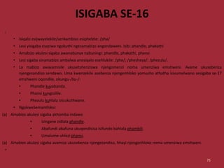 ISIGABA SE-16
•
• Isiqalo esijwayelekile/senkambiso esiphelele: /pha/
• Lesi yisigaba esaziwa ngokuthi ngesamabizo angondaweni. Isib: phandle, phakathi
• Amabizo akulesi sigaba awanabunye nabuningi: phandle, phakathi, phansi
• Lesi sigaba sinamabizo ambalwa anesiqalo esehlukile: /phe/; /phesheya/; /phezulu/.
• La mabizo awavamisile ukusetshenziswa njengomenzi noma umenziwa emshweni. Avame ukusebenza
njengesandiso sendawo. Uma kwenzekile asebenza njengenhloko yomusho athatha isivumelwano sesigaba se-17
emshweni oqondile, okungu-/ku-/:
• Phandle kuyabanda.
• Phansi kungcolile.
• Phezulu kuhlala izicukuthwane.
• NgokweSemanthiksi:
(a) Amabizo akulesi sigaba akhomba indawo
• Izingane zidlala phandle.
• Abafundi abafuna ukuqondisisa isifundo bahlala phambili.
• Umalume uhlezi phansi.
(a) Amabizo akulesi sigaba avamise ukusebenza njengezandiso, hhayi njengenhloko noma umenziwa emshweni.
•
75
 
