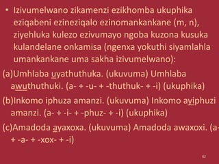 • Izivumelwano zikamenzi ezikhomba ukuphika
eziqabeni ezineziqalo ezinomankankane (m, n),
ziyehluka kulezo ezivumayo ngoba kuzona kusuka
kulandelane onkamisa (ngenxa yokuthi siyamlahla
umankankane uma sakha izivumelwano):
(a)Umhlaba uyathuthuka. (ukuvuma) Umhlaba
awuthuthuki. (a- + -u- + -thuthuk- + -i) (ukuphika)
(b)Inkomo iphuza amanzi. (ukuvuma) Inkomo ayiphuzi
amanzi. (a- + -i- + -phuz- + -i) (ukuphika)
(c)Amadoda ayaxoxa. (ukuvuma) Amadoda awaxoxi. (a-
+ -a- + -xox- + -i)
82
 