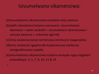 Isivumelwano sikamenziwa:
(a)Isivumelwano sikamenziwa sandulela isiqu sesenzo.
(b)Izakhi zilandelana kanjena esenzweni: isivumelwano
sikamenzi + isakhi senkathi + isivumelwano sikamenziwa +
umsuka wesenzo + unkamisa ogcinile
(c)Uma sisebenza kanye nomenziwa emshweni siyagcizelela.
(d)Uma sisebenza ngaphandle kukamenziwa sisebenza
njengesabizwana soqobo.
(e)Isivumelwano sikamenziwa siyafana nesiqalo-ngqo ezigabeni
ezilandelayo: 2, 5, 7, 8, 10, 11 & 14
•
89
 