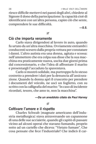 28 i mille volti dell’amore
riesce difficile mettervi nei panni degli altri, chiedete al
Signore il dono della partecipazione: la capacità cioè di
identificarsi con un’altra persona, capire ciò che sente,
comprendere le sue difficoltà.
—S.S.

Ciò che importa veramente
Carlo stava dirigendosi al lavoro in auto, quando
fu urtato da un’altra macchina. Ovviamente entrambi i
conducenti scesero dalla propria vettura per constatare
i danni. L’altro autista era una donna, agitata e scossa:
nell’ammettere che era colpa sua disse che la sua mac-
china era praticamente nuova, uscita due giorni prima
dal concessionario, e che l’idea di affrontare il marito
e presentargli l’accaduto la spaventava.
Carlo si mostrò solidale, ma purtroppo fu lo stesso
costretto a prendere i dati per la denuncia all’assicura-
zione. Quando la donna aprì il cruscotto per prendere
i documenti del veicolo, ne uscì un foglietto, con su
scritto con la calligrafia del marito:“In caso di incidente
ricordati, tesoro, che amo te, non la macchina”.
—Da un aneddoto citato da Paul Harvey

Coltivare l’amore e il rispetto
Charles Schwab [magnate americano dell’indu-
stria metallurgica] stava attraversando un capannone
di una delle sue acciaierie, quando gli capitò di passare
vicino ad alcuni operai che stavano fumando, proprio
sotto ad un cartello che diceva: “Vietato fumare”. Che
cosa pensate che fece l’industriale? Che indicò il car-
 