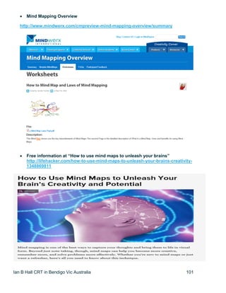 Ian B Hall CRT in Bendigo Vic Australia 101
 Mind Mapping Overview
http://www.mindwerx.com/cmpreview-mind-mapping-overview/summary
 Free information at “How to use mind maps to unleash your brains”
http://lifehacker.com/how-to-use-mind-maps-to-unleash-your-brains-creativity-
1348869811
 