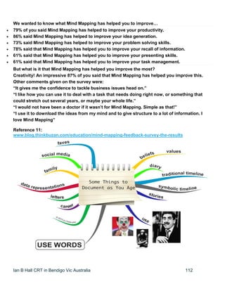 Ian B Hall CRT in Bendigo Vic Australia 112
We wanted to know what Mind Mapping has helped you to improve…
 79% of you said Mind Mapping has helped to improve your productivity.
 86% said Mind Mapping has helped to improve your idea generation.
 73% said Mind Mapping has helped to improve your problem solving skills.
 78% said that Mind Mapping has helped you to improve your recall of information.
 61% said that Mind Mapping has helped you to improve your presenting skills.
 61% said that Mind Mapping has helped you to improve your task management.
But what is it that Mind Mapping has helped you improve the most?
Creativity! An impressive 87% of you said that Mind Mapping has helped you improve this.
Other comments given on the survey were:
“It gives me the confidence to tackle business issues head on.”
“I like how you can use it to deal with a task that needs doing right now, or something that
could stretch out several years, or maybe your whole life.”
“I would not have been a doctor if it wasn’t for Mind Mapping. Simple as that!”
“I use it to download the ideas from my mind and to give structure to a lot of information. I
love Mind Mapping”
Reference 11:
www.blog.thinkbuzan.com/education/mind-mapping-feedback-survey-the-results
 
