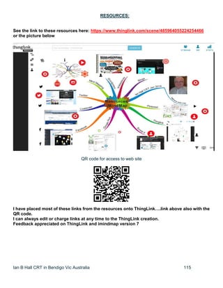 Ian B Hall CRT in Bendigo Vic Australia 115
RESOURCES:
See the link to these resources here: https://www.thinglink.com/scene/485964055224254466
or the picture below
QR code for access to web site
I have placed most of these links from the resources onto ThingLink….link above also with the
QR code.
I can always edit or charge links at any time to the ThingLink creation.
Feedback appreciated on ThingLink and imindmap version 7
 