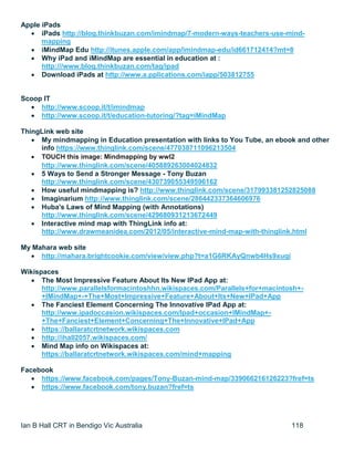 Ian B Hall CRT in Bendigo Vic Australia 118
Apple iPads
 iPads http://blog.thinkbuzan.com/imindmap/7-modern-ways-teachers-use-mind-
mapping
 iMindMap Edu http://itunes.apple.com/app/imindmap-edu/id661712414?mt=8
 Why iPad and iMindMap are essential in education at :
http:///www.blog.thinkbuzan.com/tag/ipad
 Download iPads at http://www.a.pplications.com/iapp/503812755
Scoop IT
 http://www.scoop.it/t/imindmap
 http://www.scoop.it/t/education-tutoring/?tag=iMindMap
ThingLink web site
 My mindmapping in Education presentation with links to You Tube, an ebook and other
info https://www.thinglink.com/scene/477038711096213504
 TOUCH this image: Mindmapping by wwl2
http://www.thinglink.com/scene/405889263004024832
 5 Ways to Send a Stronger Message - Tony Buzan
http://www.thinglink.com/scene/430739055349596162
 How useful mindmapping is? http://www.thinglink.com/scene/317993381252825088
 Imaginarium http://www.thinglink.com/scene/286442337364606976
 Huba's Laws of Mind Mapping (with Annotations)
http://www.thinglink.com/scene/429680931213672449
 Interactive mind map with ThingLink info at:
http://www.drawmeanidea.com/2012/05/interactive-mind-map-with-thinglink.html
My Mahara web site
 http://mahara.brightcookie.com/view/view.php?t=a1G6RKAyQnwb4Hs9xuqi
Wikispaces
 The Most Impressive Feature About Its New IPad App at:
http://www.parallelsformacintoshhn.wikispaces.com/Parallels+for+macintosh+-
+IMindMap+-+The+Most+Impressive+Feature+About+Its+New+IPad+App
 The Fanciest Element Concerning The Innovative IPad App at:
http://www.ipadoccasion.wikispaces.com/Ipad+occasion+IMindMap+-
+The+Fanciest+Element+Concerning+The+Innovative+IPad+App
 https://ballaratcrtnetwork.wikispaces.com
 http://ihall2057.wikispaces.com/
 Mind Map info on Wikispaces at:
https://ballaratcrtnetwork.wikispaces.com/mind+mapping
Facebook
 https://www.facebook.com/pages/Tony-Buzan-mind-map/339066216126223?fref=ts
 https://www.facebook.com/tony.buzan?fref=ts
 