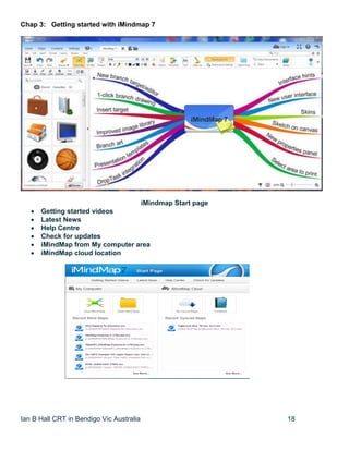 Ian B Hall CRT in Bendigo Vic Australia 18
Chap 3: Getting started with iMindmap 7
iMindmap Start page
 Getting started videos
 Latest News
 Help Centre
 Check for updates
 iMindMap from My computer area
 iMindMap cloud location
 