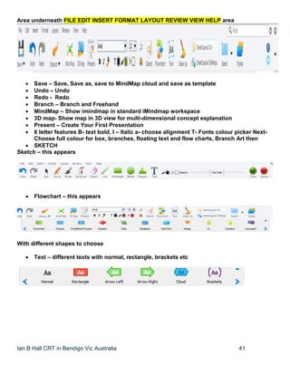 Ian B Hall CRT in Bendigo Vic Australia 41
Area underneath FILE EDIT INSERT FORMAT LAYOUT REVIEW VIEW HELP area
 Save – Save, Save as, save to MindMap cloud and save as template
 Undo – Undo
 Redo - Redo
 Branch – Branch and Freehand
 MindMap – Show imindmap in standard iMindmap workspace
 3D map- Show map in 3D view for multi-dimensional concept explanation
 Present – Create Your First Presentation
 6 letter features B- text bold, I – Italic a- choose alignment T- Fonts colour picker Next-
Choose full colour for box, branches, floating text and flow charts, Branch Art then
 SKETCH
Sketch – this appears
 Flowchart – this appears
With different shapes to choose
 Text – different texts with normal, rectangle, brackets etc
 