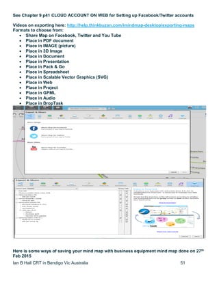 Ian B Hall CRT in Bendigo Vic Australia 51
See Chapter 9 p41 CLOUD ACCOUNT ON WEB for Setting up Facebook/Twitter accounts
Videos on exporting here: http://help.thinkbuzan.com/imindmap-desktop/exporting-maps
Formats to choose from:
 Share Map on Facebook, Twitter and You Tube
 Place in PDF document
 Place in IMAGE (picture)
 Place in 3D Image
 Place in Document
 Place in Presentation
 Place in Pack & Go
 Place in Spreadsheet
 Place in Scalable Vector Graphics (SVG)
 Place in Web
 Place in Project
 Place in GPML
 Place in Audio
 Place in DropTask
Here is some ways of saving your mind map with business equipment mind map done on 27th
Feb 2015
 