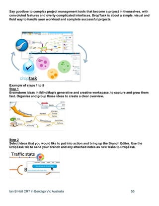 Ian B Hall CRT in Bendigo Vic Australia 55
Say goodbye to complex project management tools that become a project in themselves, with
convoluted features and overly-complicated interfaces. DropTask is about a simple, visual and
fluid way to handle your workload and complete successful projects.
Example of steps 1 to 5
Step 1
Brainstorm ideas in iMindMap's generative and creative workspace, to capture and grow them
fast. Organise and group those ideas to create a clear overview.
Step 2
Select ideas that you would like to put into action and bring up the Branch Editor. Use the
DropTask tab to send your branch and any attached notes as new tasks to DropTask.
 
