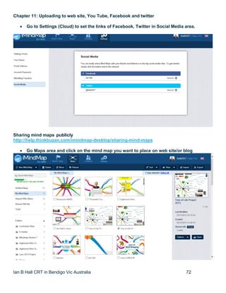 Ian B Hall CRT in Bendigo Vic Australia 72
Chapter 11: Uploading to web site, You Tube, Facebook and twitter
 Go to Settings (Cloud) to set the links of Facebook, Twitter in Social Media area.
Sharing mind maps publicly
http://help.thinkbuzan.com/imindmap-desktop/sharing-mind-maps
 Go Maps area and click on the mind map you want to place on web site/or blog
 